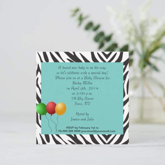 Zebra Baby Dusche Party aquamarin Einladung (Stehend Vorderseite)