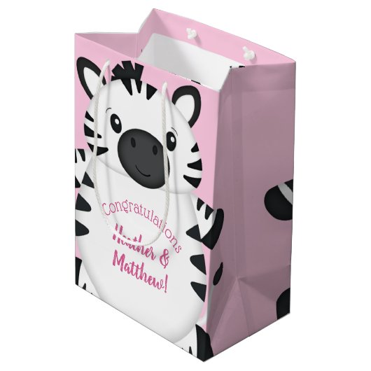 Zebra Baby Dusche Pink Mittlere Geschenktüte (Rückseite Schrägansicht)