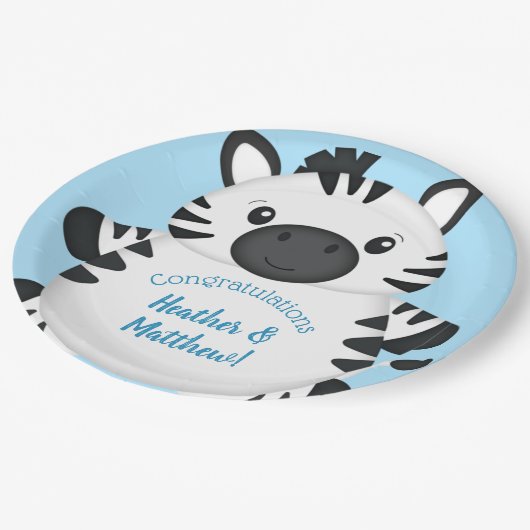 Zebra Baby Shower Blue Pappteller (Schrägansicht)