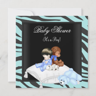 Zebra Baby Shower Boy Blue Black Crown Prince Einladung