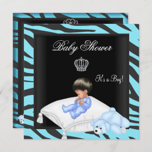 Zebra Baby Shower Boy Blue Black Crown Prince Einladung