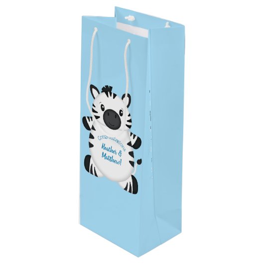 Zebra Baby Shower Safari Blue Boy Geschenktüte Für Weinflaschen (Vorderseite Schrägansicht)