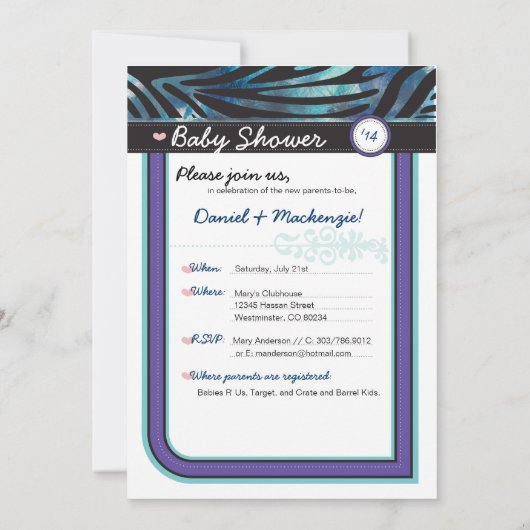 Zebra Babydusche Einladung (Rückseite)