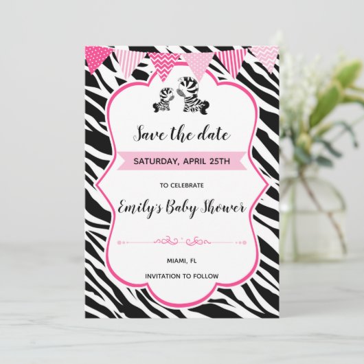Zebra Babydusche Save the Date (Stehend Vorderseite)