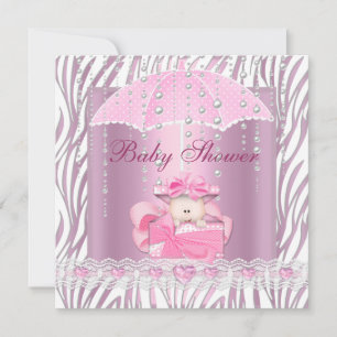 Zebra-Babyparty Mädchen Baby Rosa Regenschirm Weiß Einladung