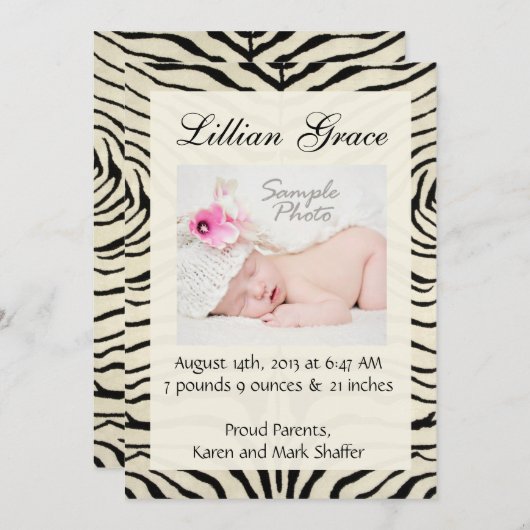 Zebra Birth Ankündigungen (Vorne/Hinten)
