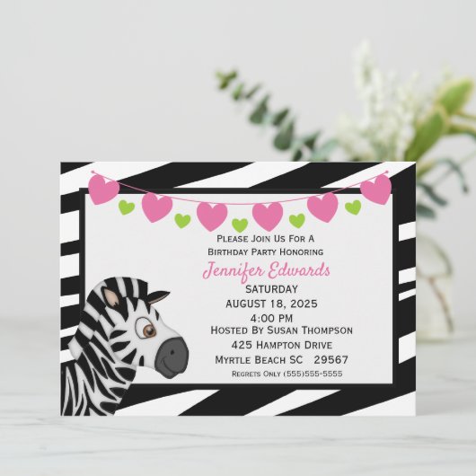 Zebra Birthday Party Einladung (Stehend Vorderseite)