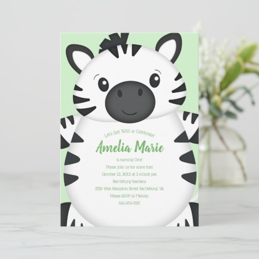 Zebra Birthday Party Green Einladung (Stehend Vorderseite)