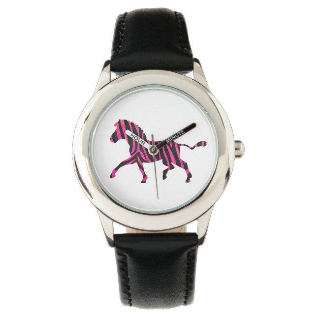 Zebra Black and Hot Pink Silhouette Armbanduhr (Vorderseite)