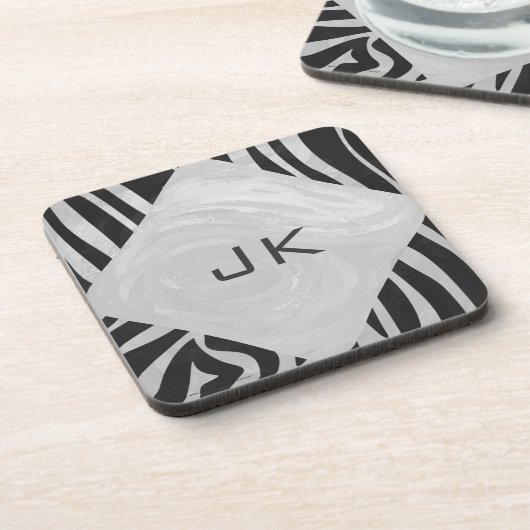 Zebra Black and Light Gray Monogram Untersetzer (Linke Seite)