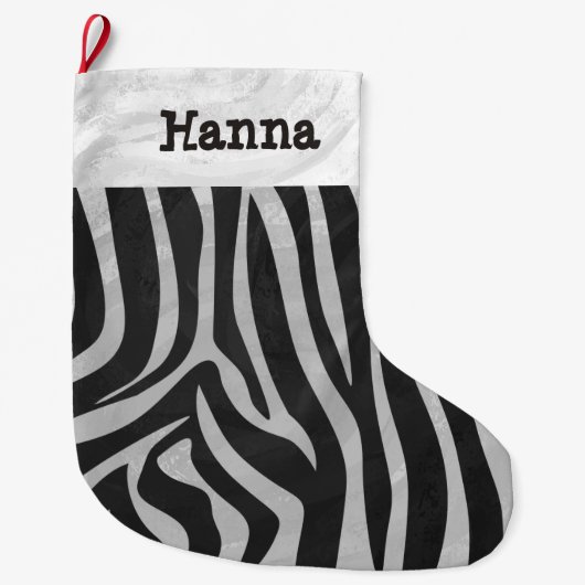 Zebra Black and Light Gray Print mit Namen Großer Weihnachtsstrumpf (Vorderseite)