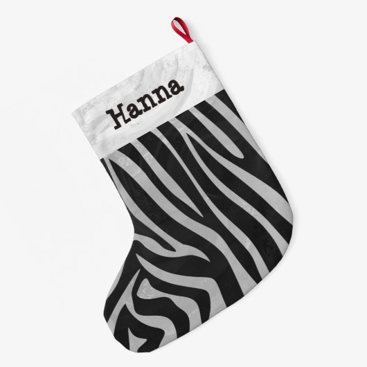Zebra Black and Light Gray Print mit Namen Großer Weihnachtsstrumpf (Rückseite (Hängend))