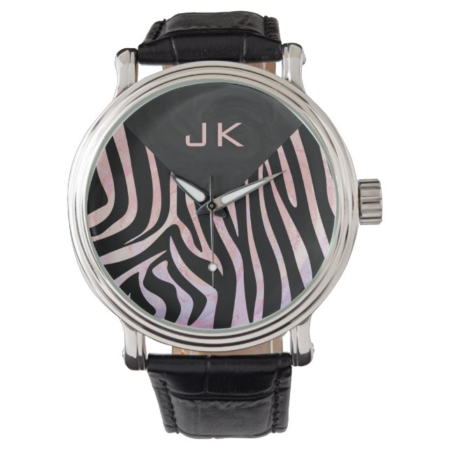 Zebra Black and Pink Monogram Armbanduhr (Vorderseite)