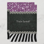 Zebra Black Lila Glitzer Look Brautparty Einladung (Vorne/Hinten)