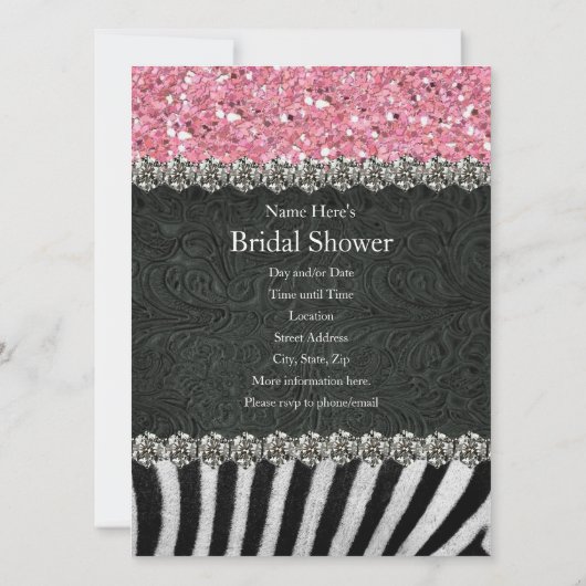 Zebra Black Pink Glitzer Bridal Dusche Einladung (Rückseite)