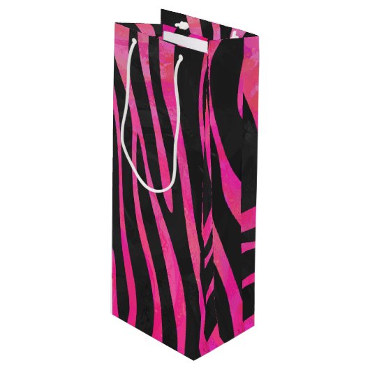 Zebra Black und Hot Pink Print Geschenktüte Für Weinflaschen (Vorderseite Schrägansicht)