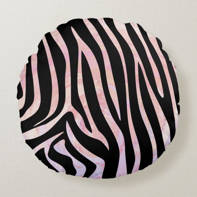 Zebra Black und Pink Print Rundes Kissen (Vorderseite)