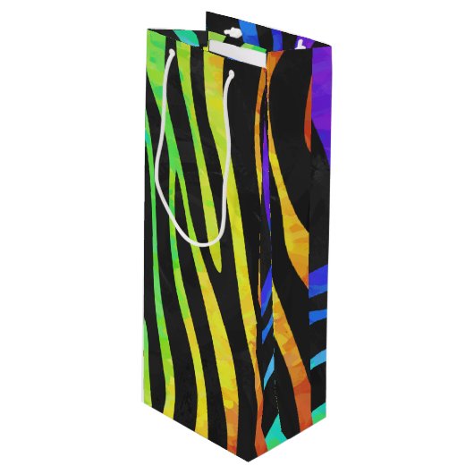 Zebra Black und Rainbow Print Geschenktüte Für Weinflaschen (Vorderseite Schrägansicht)