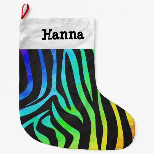 Zebra Black und Rainbow Print Großer Weihnachtsstrumpf (Vorderseite)