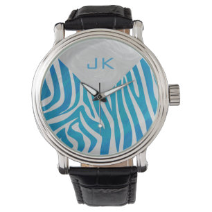 Zebra Blau und Weiß mit Monogramm Armbanduhr