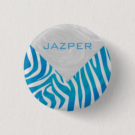 Zebra Blau und Weiß mit Monogramm Button (Vorderseite)