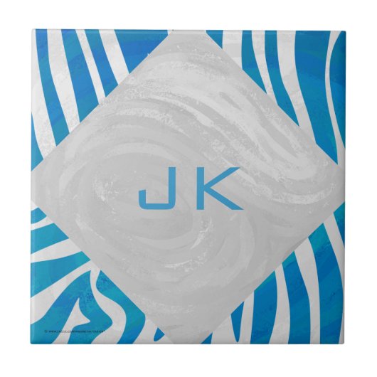 Zebra Blau und Weiß mit Monogramm Fliese (Vorderseite)