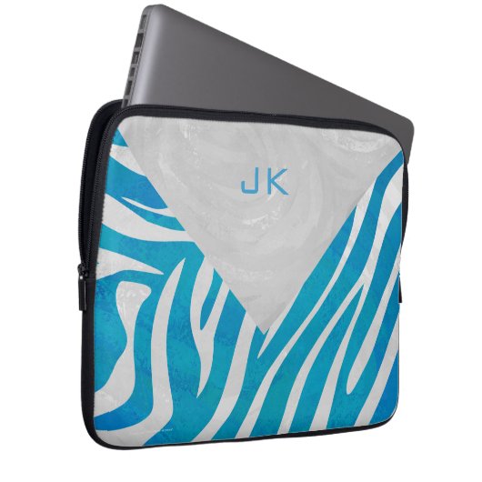 Zebra Blau und Weiß mit Monogramm Laptopschutzhülle (Vorne Rechts)