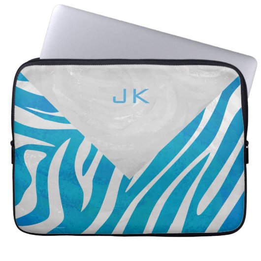 Zebra Blau und Weiß mit Monogramm Laptopschutzhülle (Vorderseite)