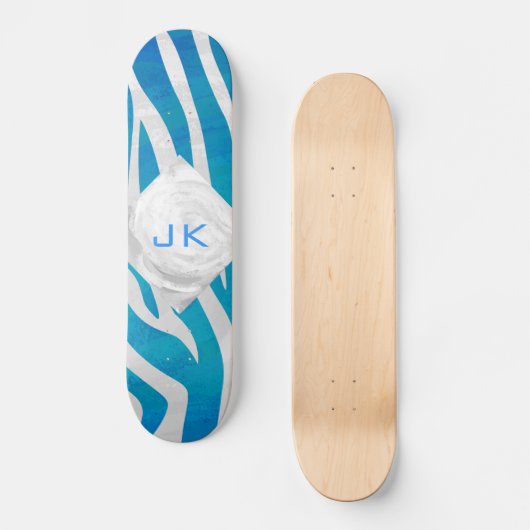 Zebra Blau und Weiß mit Monogramm Skateboard (Vorderseite)