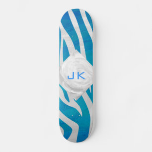 Zebra Blau und Weiß mit Monogramm Skateboard