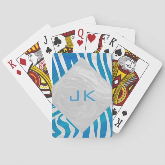 Zebra Blau und Weiß mit Monogramm Spielkarten (Rückseite)
