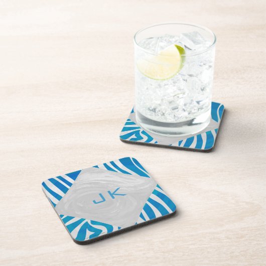 Zebra Blau und Weiß mit Monogramm Untersetzer (Rechte Seite)