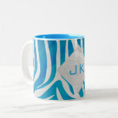 Zebra Blau und Weiß mit Monogramm Zweifarbige Tasse (Vorderseite Links)