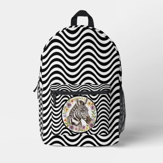 Zebra Blume Schwarz-weiße Wavy Stripes Psychedelic Bedruckter Rucksack (Vorderseite)