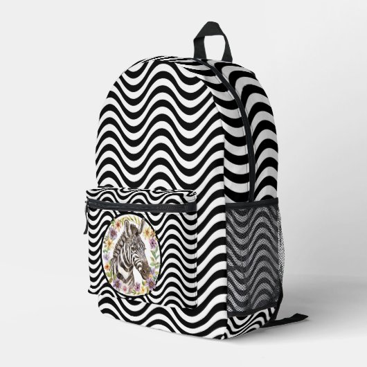 Zebra Blume Schwarz-weiße Wavy Stripes Psychedelic Bedruckter Rucksack (Rückseitige Ecke Rechts)