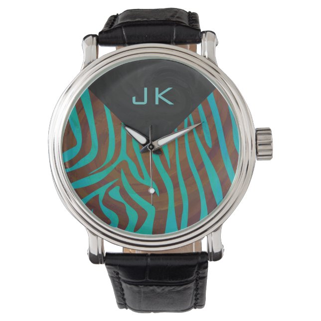 Zebra Brown und Aquamarin mit Monogramm Armbanduhr (Vorderseite)