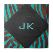Zebra Brown und Aquamarin mit Monogramm Fliese (Vorderseite)