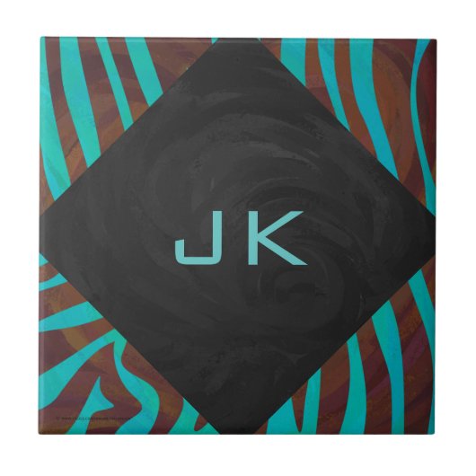 Zebra Brown und Aquamarin mit Monogramm Fliese (Vorderseite)