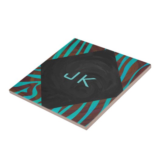 Zebra Brown und Aquamarin mit Monogramm Fliese (Seite)