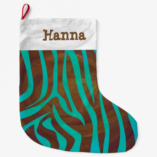 Zebra Brown und Aquamarin mit Monogramm Großer Weihnachtsstrumpf (Vorderseite)