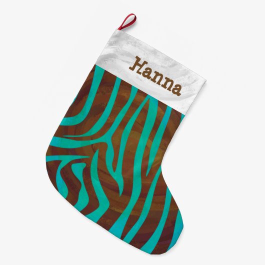 Zebra Brown und Aquamarin mit Monogramm Großer Weihnachtsstrumpf (Vorderansicht (hängend))