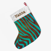 Zebra Brown und Aquamarin mit Monogramm Großer Weihnachtsstrumpf (Rückseite (Hängend))