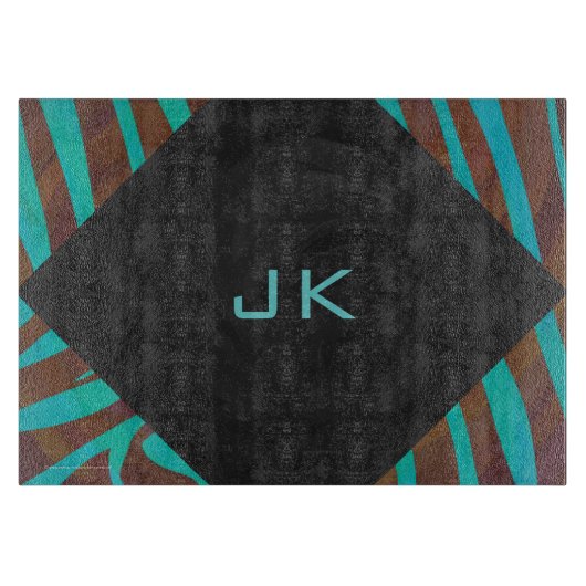 Zebra Brown und Aquamarin mit Monogramm Schneidebrett (Vorderseite)