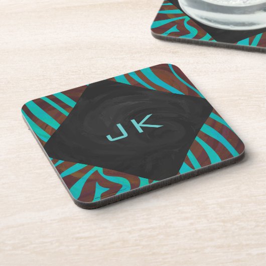 Zebra Brown und Aquamarin mit Monogramm Untersetzer (Linke Seite)