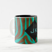Zebra Brown und Aquamarin mit Monogramm Zweifarbige Tasse (Vorderseite Links)