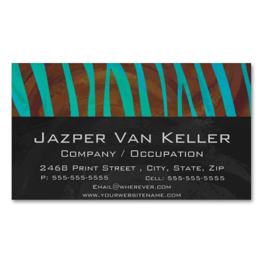 Zebra Brown und Aquamarin Print Magnetische Visitenkarte (Vorderseite)