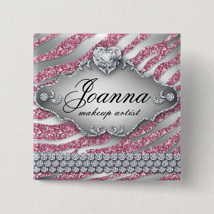 Zebra Button Name Tag Makeup Artist Pink Glitzer