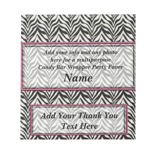 Zebra Candy Bar Wrapper-Gastgeschenke Notizblock (Vorderseite)
