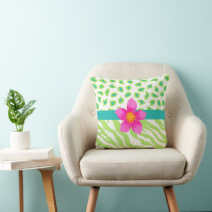 Zebra Cheetah Leopard Skin Green White Pink Blume Kissen