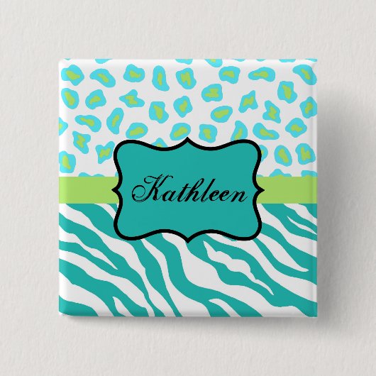 Zebra & Cheetah Name Abzeichen Aquamarin, Kalkgrün Button (Vorderseite)